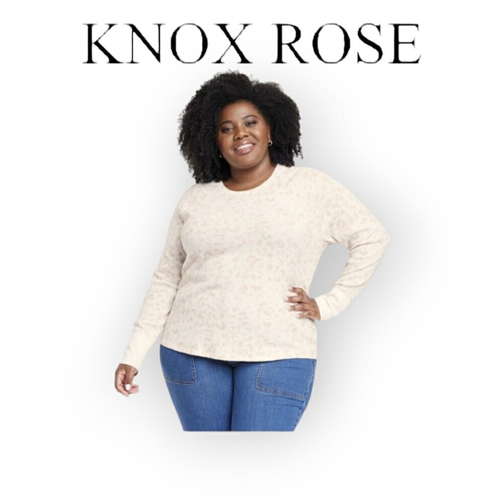 Knox Rose XL Animal Print Thermal Waffle-Knit Long Sleeve Top NWT Cream Tan